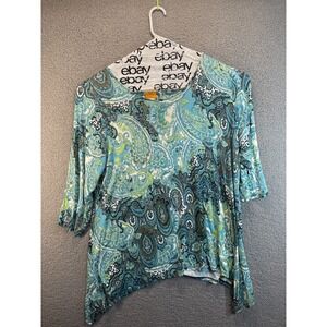 Ruby Rd. Woman‎ Blue Paisley Long Assemetric Hem Pullover Top Size 2X